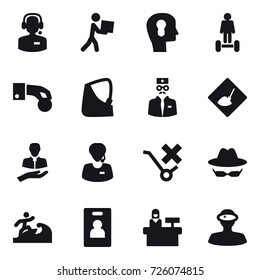 16 vector icon set : call center, courier, bulb head, hoverboard, hand coin, under construction, surfer, identity card, reception