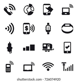 16 vector icon set : call, circle diagram, touch, notebook wireless, wireless, phone pay, smartwatch, smart bracelet, spark plug, trailer, mobile checking