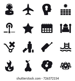 16 vector icon set : call center, plane, bulb head, sun power, laser, star, minaret, passenger, suitcase, pool, pear, garden, outsource