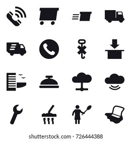 16 vector icon set : call, delivery, truck, phone, hotel, service bell, vacuum cleaner, woman with pipidaster, floor washing