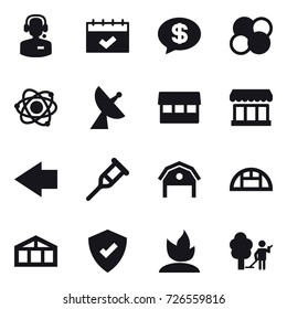 16 vector icon set : call center, calendar, money message, atom core, atom, satellite antenna, market, left arrow, barn, greenhouse, sprouting, garden cleaning