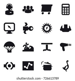 16 vector icon set : call center, group, delivery, calculator, monitor arrow, satellite, sun power, building helmet, surfer, table, hair dryer, steam pan, goose