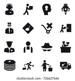 16 vector icon set : call center, courier, bulb head, jet robot, under construction, inspector, vacuum cleaner, garbage bin, home call cleaning