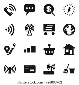 16 vector icon set : call, message, dollar arrow, lightning, wireless, antenna, delivery, home, bucket and broom