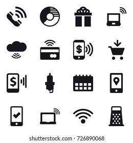 16 vector icon set : call, circle diagram, gift, notebook wireless, cloud wireless, tap to pay, phone pay, add to cart, mobile pay, spark plug, mobile checking
