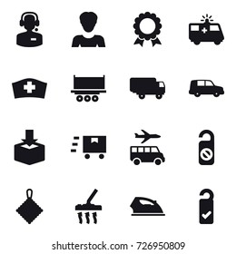 16 vector icon set : call center, woman, medal, transfer, do not distrub, rag, vacuum cleaner, iron, please clean