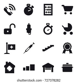 16 vector icon set : call, stopwatch, abacus, cart, unlock, spark plug, baby stroller, stairs, medal, smart house, garage, pan