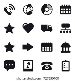 16 vector icon set : call, circle diagram, calendar, star, heart, truck, structure, right arrow, goverment house, photo, phone, clipboard list