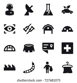16 vector icon set : call center, satellite antenna, flask, eco car, eye identity, barn, dome house, greenhouse, stadium, first aid, seedling, peas, trash, hanger