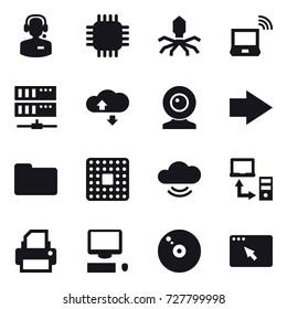 16 vector icon set : call center, chip, virus, notebook wireless, server, cloude service, web cam, right arrow