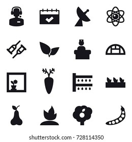 16 vector icon set : call center, calendar, satellite antenna, atom, greenhouse, flower in window, watering, seedling, pear, sprouting, garden, peas