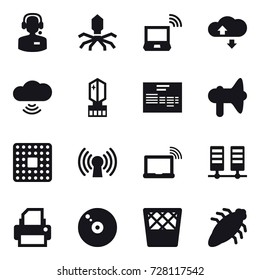 16 vector icon set : call center, virus, notebook wireless, cloude service, cloud wireless, crystall  memory, loudspeaker, trash bin, bug