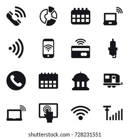 16 vector icon set : call, circle diagram, calendar, notebook wireless, wireless, phone wireless, tap to pay, spark plug, phone, goverment house, trailer