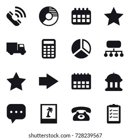 16 vector icon set : call, circle diagram, calendar, star, truck, calculator, diagram, structure, right arrow, goverment house, photo, phone, clipboard list