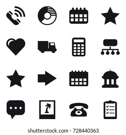 16 vector icon set : call, circle diagram, calendar, star, heart, truck, calculator, structure, right arrow, goverment house, photo, phone, clipboard list