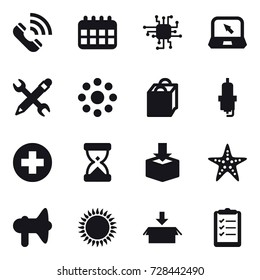 16 vector icon set : call, calendar, chip, notebook, pencil wrench, round around, shopping bag, spark plug, starfish, loudspeaker, package, clipboard list