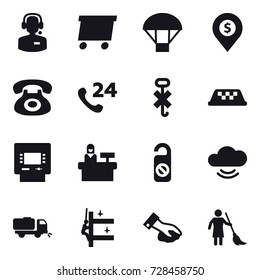 16 vector icon set : call center, delivery, parachute, dollar pin, taxi, atm, reception, do not distrub, sweeper, skyscrapers cleaning, wiping, brooming