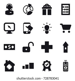 16 vector icon set : call center, circle diagram, gift, abacus, monitor arrow, touch, bulb, cart, money, unlock, tower, smart house, remote control