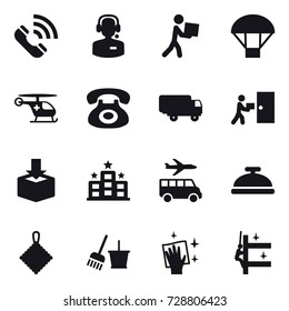 16 vector icon set : call, call center, courier, parachute, hotel, transfer, service bell, rag, bucket and broom, wiping, skyscrapers cleaning