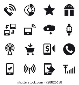 16 vector icon set : call, circle diagram, star, gift, notebook connect, notebook wireless, cloude service, smartwatch, antenna, add to cart, mobile pay, phone, mobile checking, wireless