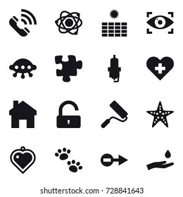 16 vector icon set : call, atom, sun power, eye identity, ufo, puzzle, spark plug, home, unlock, repair, starfish, heart pendant, pets, hand and drop