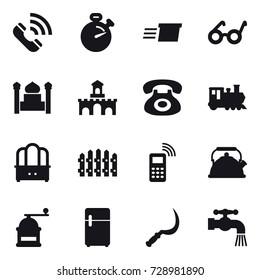 16 vector icon set : call, stopwatch, delivery, minaret, fort, train, dresser, fence, kettle, hand mill, sickle, water tap