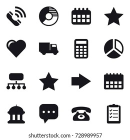 16 vector icon set : call, circle diagram, calendar, star, heart, truck, calculator, diagram, structure, right arrow, goverment house, phone, clipboard list