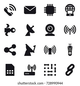 16 vector icon set : call, mail, chip, notebook globe, satellite, satellite antenna, web cam, wireless