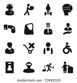 16 vector icon set : call center, courier, hoverboard, virtual mask, hand coin, invalid, identity card, vacuum cleaner, garbage bin