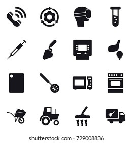 16 vector icon set : call, around gear, virtual mask, vial, construction, atm, golf, cutting board, skimmer, wheelbarrow, tractor, vacuum cleaner, home call cleaning