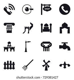 16 vector icon set : call, cell corection, shop signboard, phone, column, greate wall, minaret, fort, outdoor light, antique column, water tap, fence, fork, windmill, hard reach place cleaning