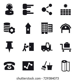 16 vector icon set : call center, diagram, molecule, sun power, virtual mining, tower, houses, barn, baggage trolley, phone, bucket and broom, paper towel