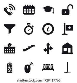 16 vector icon set : call, calendar, graduate hat, unlock, funnel, stopwatch, info, university, stairs, home, remote control, rake