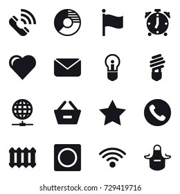 16 vector icon set : call, circle diagram, flag, alarm clock, heart, mail, bulb, globe connect, remove from basket, star, phone, radiator, ring button, apron