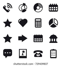 16 vector icon set : call, circle diagram, calendar, star, heart, calculator, diagram, right arrow, goverment house, photo, phone, clipboard list