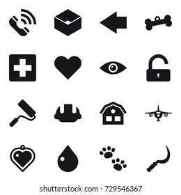 16 vector icon set : call, box, left arrow, bone, unlock, repair, building helmet, house, plane, heart pendant, drop, pets, sickle