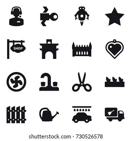 16 vector icon set : call center, satellite, jet robot, star, shop signboard, arch, gothic architecture, heart pendant, cooler fan, water tap, scissors, seedling, fence, watering can, car wash