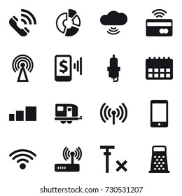 16 vector icon set : call, circle diagram, cloud wireless, tap to pay, antenna, mobile pay, spark plug, trailer, wireless