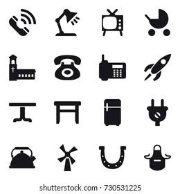 16 vector icon set : call, table lamp, tv, baby stroller, church, table, stool, fridge, kettle, windmill, horseshoe, apron