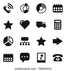 16 vector icon set : call, circle diagram, calendar, star, heart, truck, calculator, diagram, structure, right arrow, photo, phone