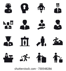 16 vector icon set : call center, bulb head, jet robot, architector, detector, passenger, surfer, reception, vacuum cleaner, garbage bin