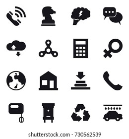 16 vector icon set : call, chess horse, brain, discussion, cloude service, spinner, calculator, earth, home, hive, recycling, car wash