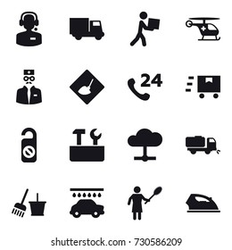 16 vector icon set : call center, truck, courier, under construction, do not distrub, repair tools, sweeper, bucket and broom, car wash, woman with pipidaster, iron