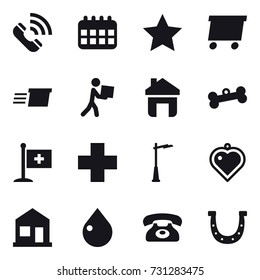 16 vector icon set : call, calendar, star, delivery, courier, home, bone, outdoor light, heart pendant, drop, phone, horseshoe