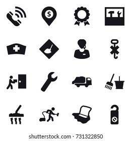 16 vector icon set : call, dollar pin, medal, tools, under construction, wrench, trash truck, bucket and broom, vacuum cleaner, floor washing, do not distrub