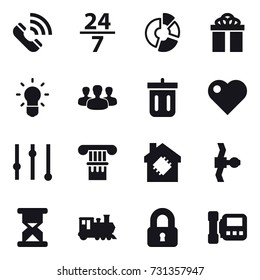 16 vector icon set : call, 24/7, circle diagram, gift, bulb, group, bin, heart, equalizer, column, smart house, train, locked, intercome