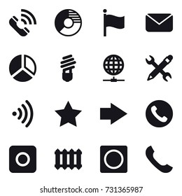 16 vector icon set : call, circle diagram, flag, mail, diagram, bulb, globe connect, pencil wrench, wireless, star, right arrow, phone, ring button, radiator