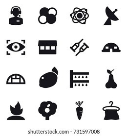 16 vector icon set : call center, atom core, atom, satellite antenna, eye identity, market, dome house, greenhouse, watering, pear, sprouting, garden, carrot, hanger