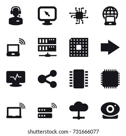 16 vector icon set : call center, monitor arrow, chip, notebook globe, notebook wireless, server, cpu, right arrow