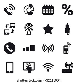 16 vector icon set : call, circle diagram, calendar, percent, notebook connect, antenna, star, spark plug, phone, wireless